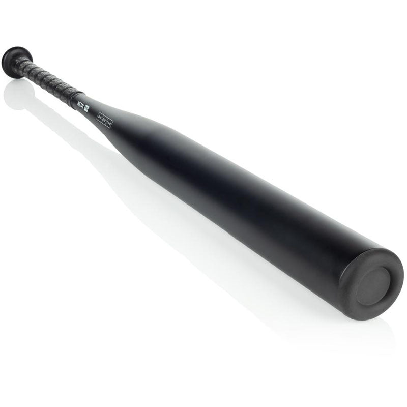 A black aluminum baseball bat with a textured grip handle, photographed on a white background at an angled perspective.