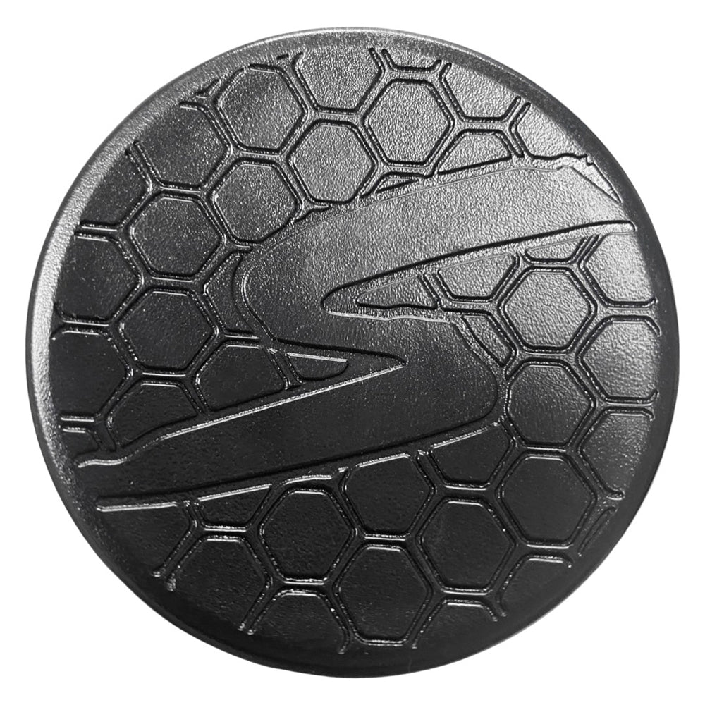 The 2024 Stinger Missile S (-3) BBCOR Baseball Bat by Stinger Sports features a black circle with a hexagon pattern, inspired by balanced swing weight and vibration-reducing technology.