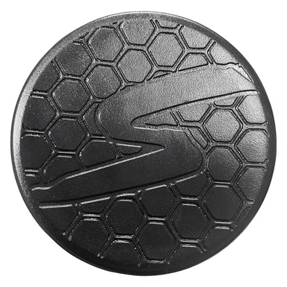 The 2024 Stinger Missile S (-3) BBCOR Baseball Bat by Stinger Sports features a black circle with a hexagon pattern, inspired by balanced swing weight and vibration-reducing technology.