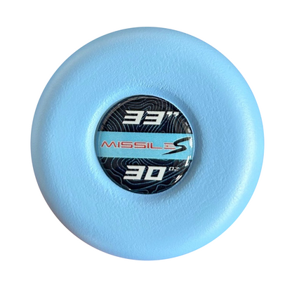 A light blue round disc features a central black label with "331," "MISSILES," "30 OZ," and a stylized S. The subtle wavy line pattern is inspired by the balanced swing weight of the 2024 Stinger Missile S (-3) BBCOR Baseball Bat from Stinger Sports.