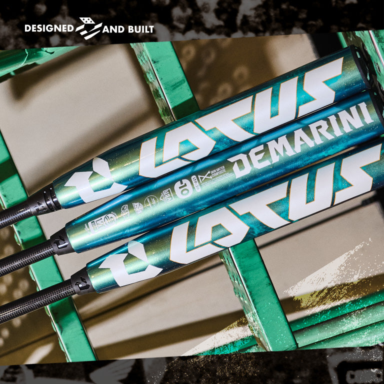 A set of 2026 DeMarini Lotus (-10) Fastpitch Softball Bats (WBD2606010 DEMO) in green and white, each featuring a sleek composite barrel design.
