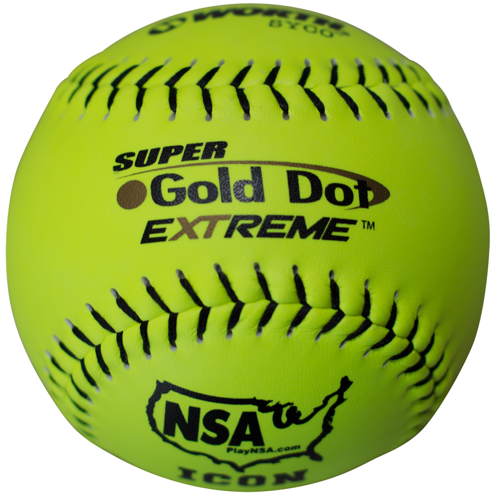 The Worth NSA Super Gold Dot Extreme ICON 12" 44/400 Composite Slowpitch Softball (NI12CY) features a bright yellow cover, black stitching, and NSA Super Gold Dot USA graphics—ideal for fans of composite slowpitch softballs.