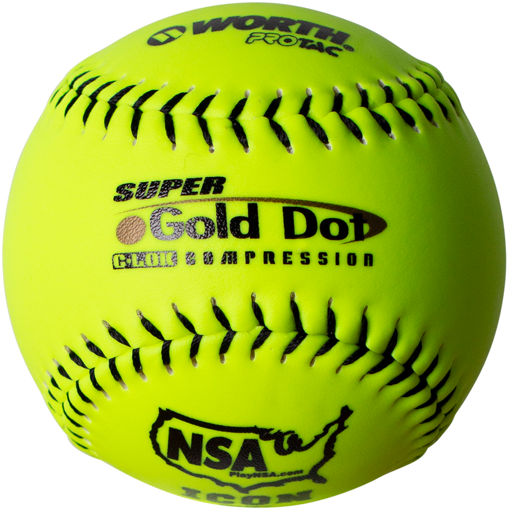 The Worth NSA Super Gold Dot ICON 12" 44/400 Synthetic Slowpitch Softball (NI12SY) is bright yellow with bold black stitching, boasts PRO TAC cover, features NSA Super Gold Dot text and logo with a US map.