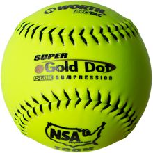 The Worth NSA Super Gold Dot ICON 12" 44/400 Synthetic Slowpitch Softball (NI12SY) is bright yellow with bold black stitching, boasts PRO TAC cover, features NSA Super Gold Dot text and logo with a US map.
