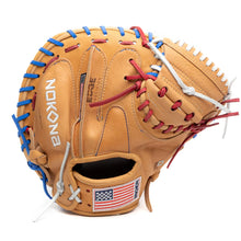 Tan leather Nokona S1 All-American 32″ Baseball Catcher’s Mitt: S1-EP2POP with red, white, and blue lacing, featuring an American flag patch on the thumb.