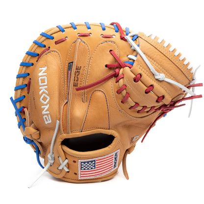 Tan leather Nokona S1 All-American 32″ Baseball Catcher’s Mitt: S1-EP2POP with red, white, and blue lacing, featuring an American flag patch on the thumb.