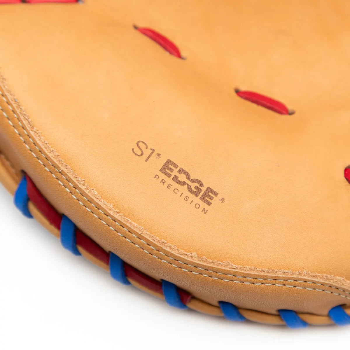 Tan leather Nokona S1 All-American 32″ Baseball Catcher’s Mitt: S1-EP2POP with red and blue laces, featuring the embossed text S1 EDGE PRECISION.