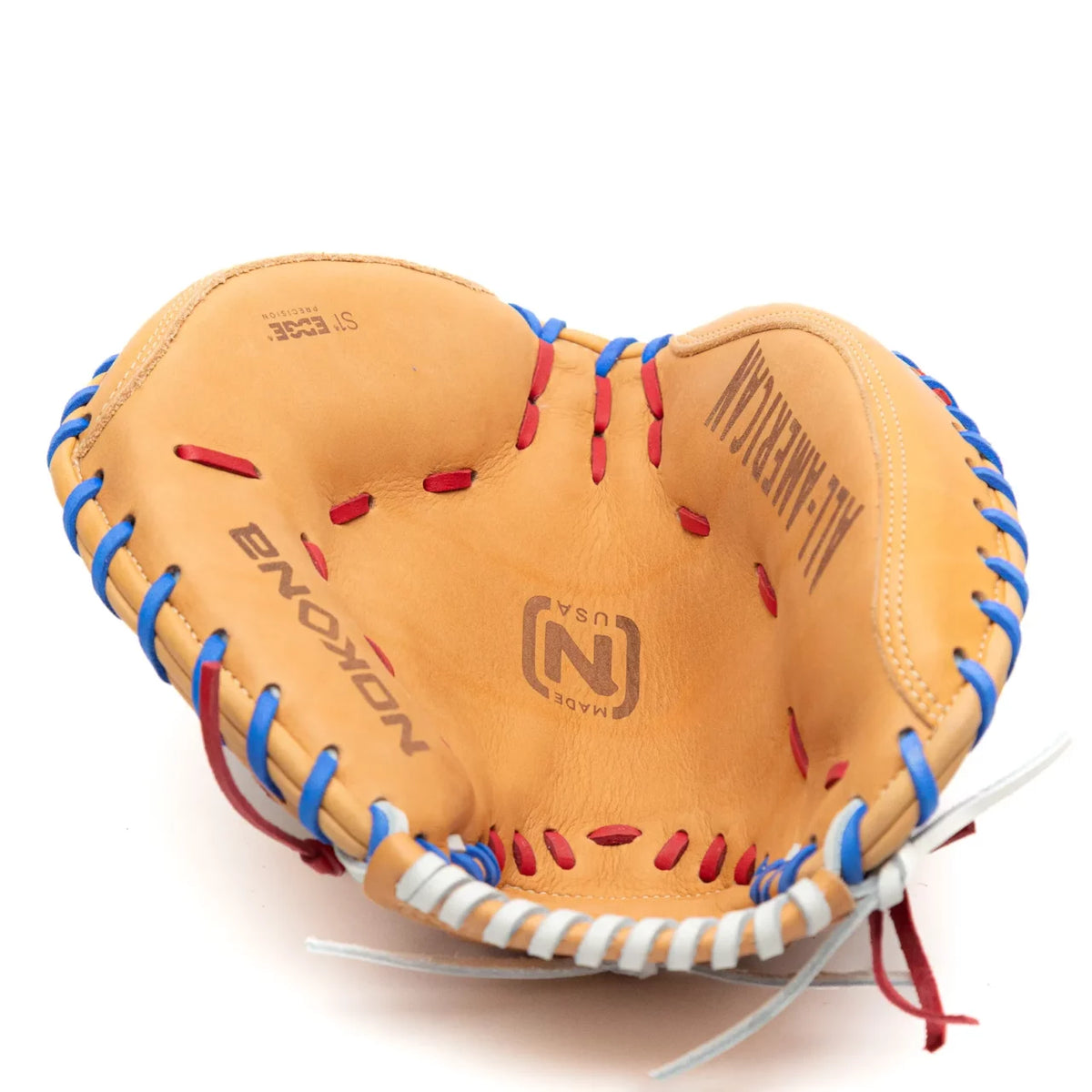 Nokona S1 All-American 32″ Baseball Catcher’s Mitt: S1-EP2POP in tan, featuring blue and white lacing along the edge and red interior stitching.