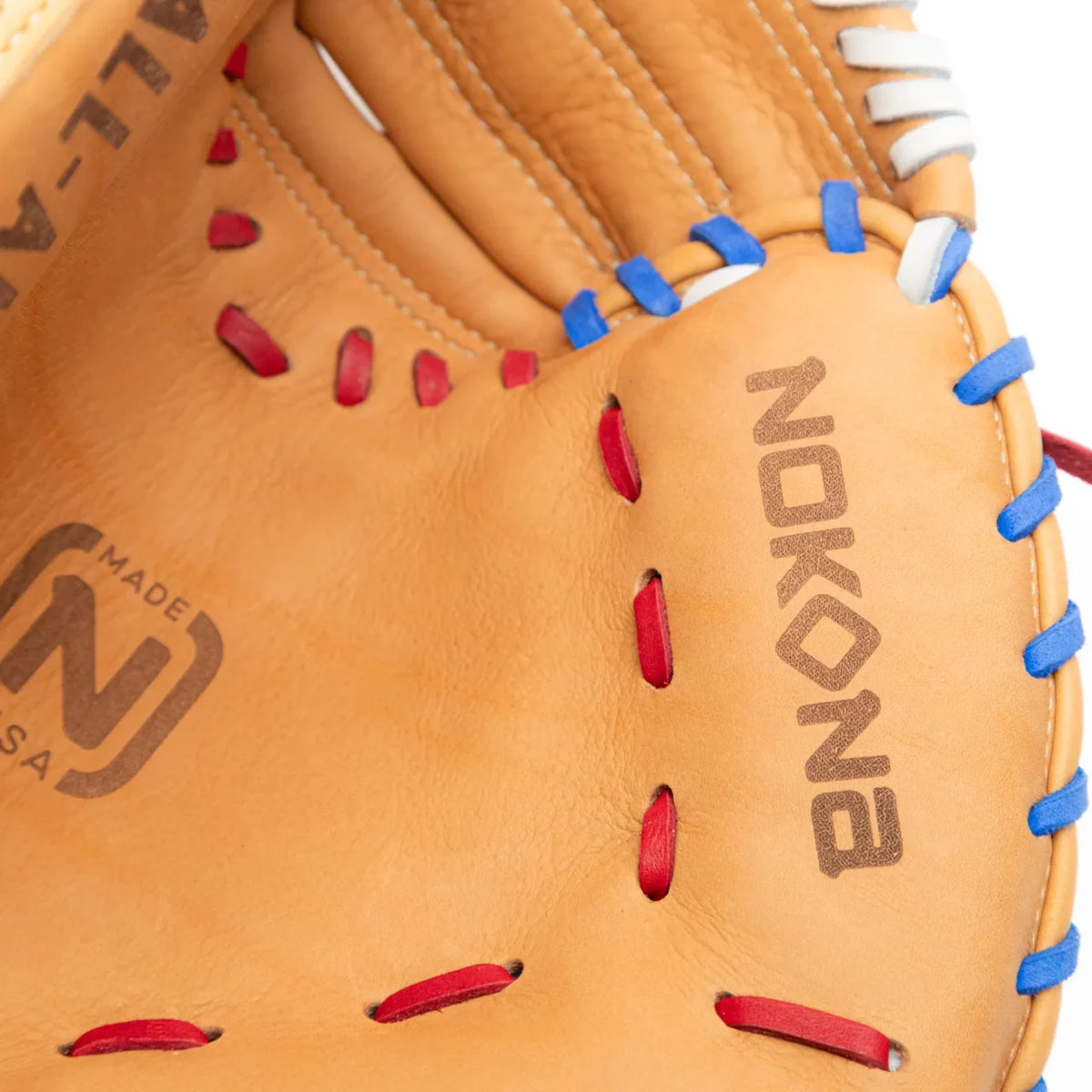 Nokona S1 All-American 32″ Baseball Catcher’s Mitt: S1-EP2POP, a tan youth baseball glove with red and blue lacing, featuring a brand logo and Made in USA stamp on the palm.