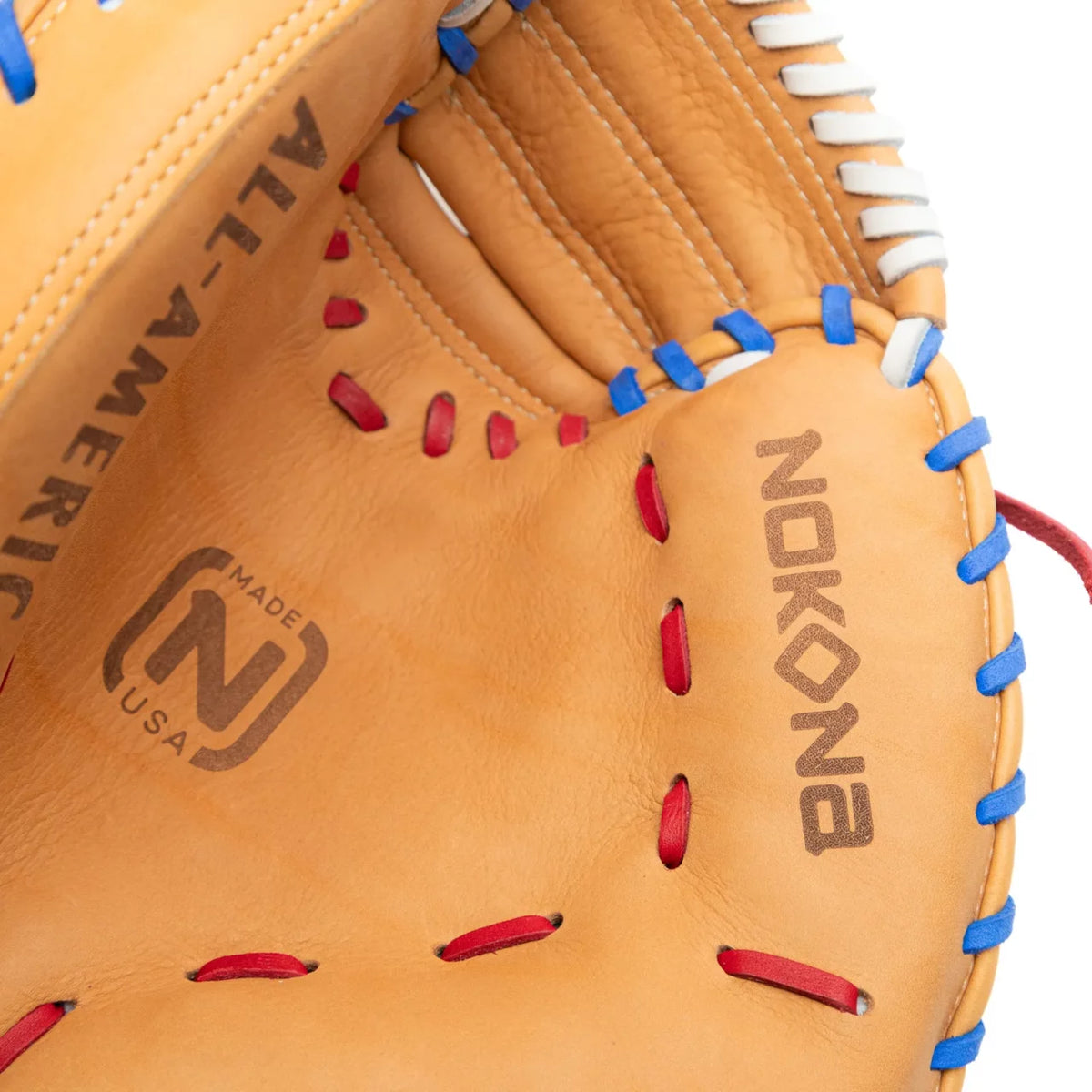 Tan leather Nokona S1 All-American 32″ Baseball Catcher’s Mitt: S1-EP2POP with red, blue, and white lacing, a Made in USA stamp, and a classic youth baseball glove design.