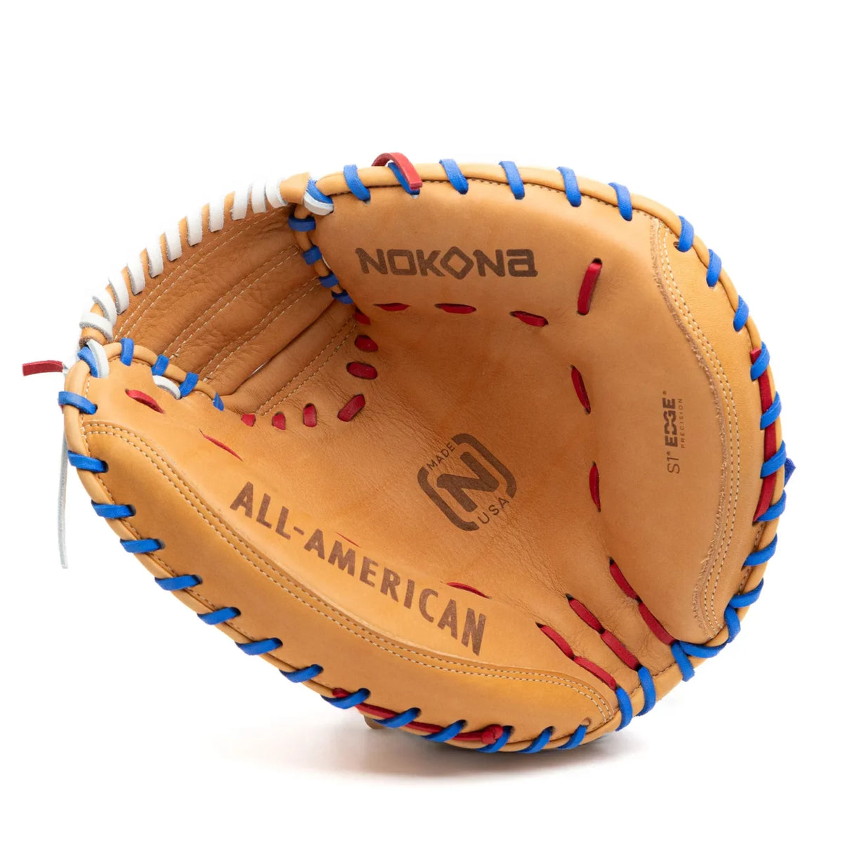 Nokona S1 All-American 32″ Baseball Catcher’s Mitt: S1-EP2POP in tan leather with red, white, and blue lacing.