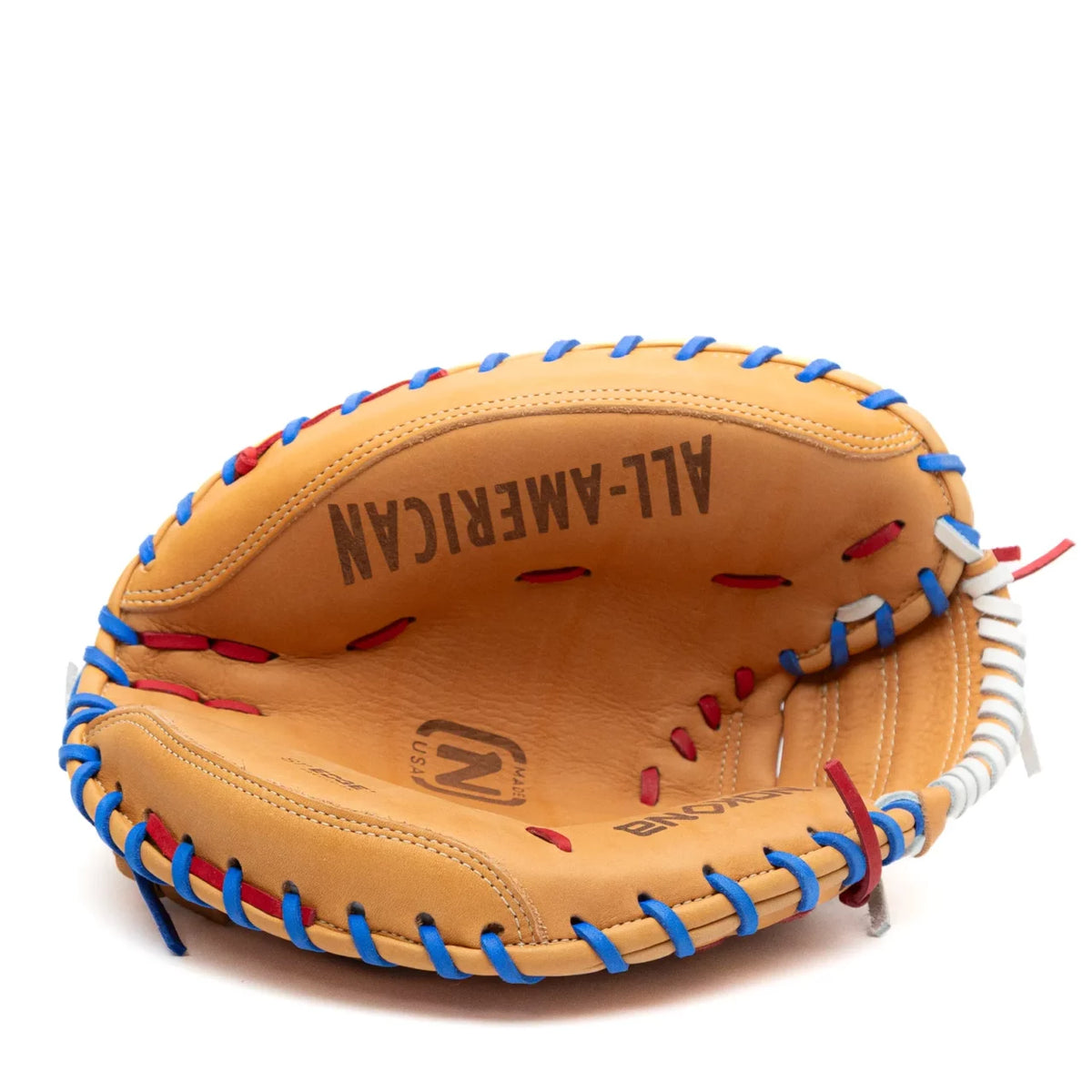 Tan Nokona S1 All-American 32″ Baseball Catcher’s Mitt: S1-EP2POP with blue, red, and white lacing, featuring the text ALL-AMERICAN printed on the palm.