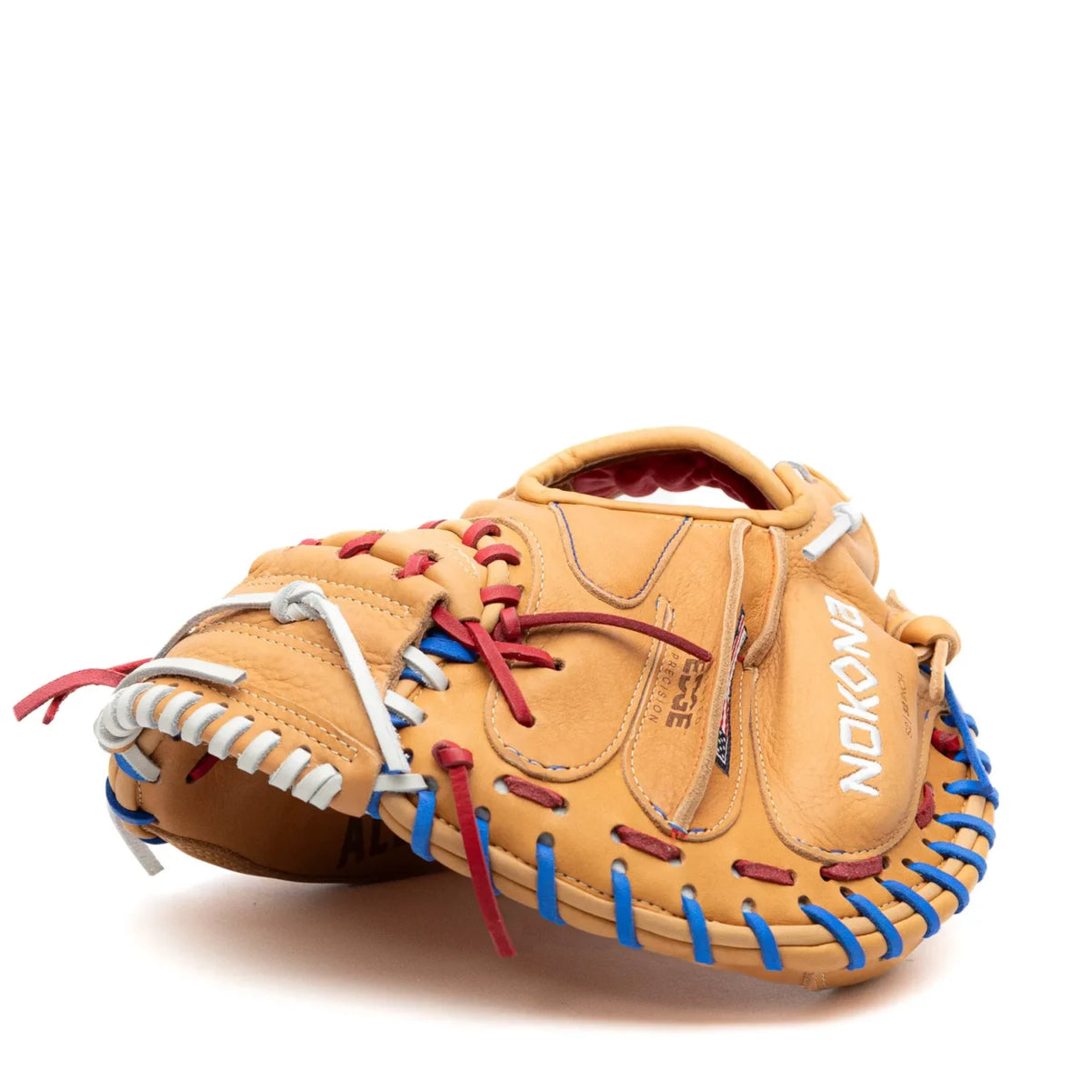 Tan leather Nokona S1 All-American 32″ Baseball Catcher’s Mitt: S1-EP2POP with red, white, and blue lacing.