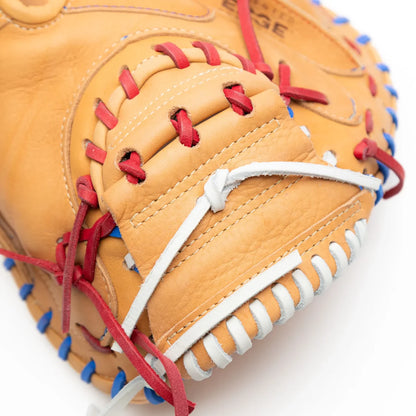 Nokona S1 All-American 32″ Baseball Catcher’s Mitt: S1-EP2POP, a tan leather youth catcher’s mitt featuring red, white, and blue lacing.