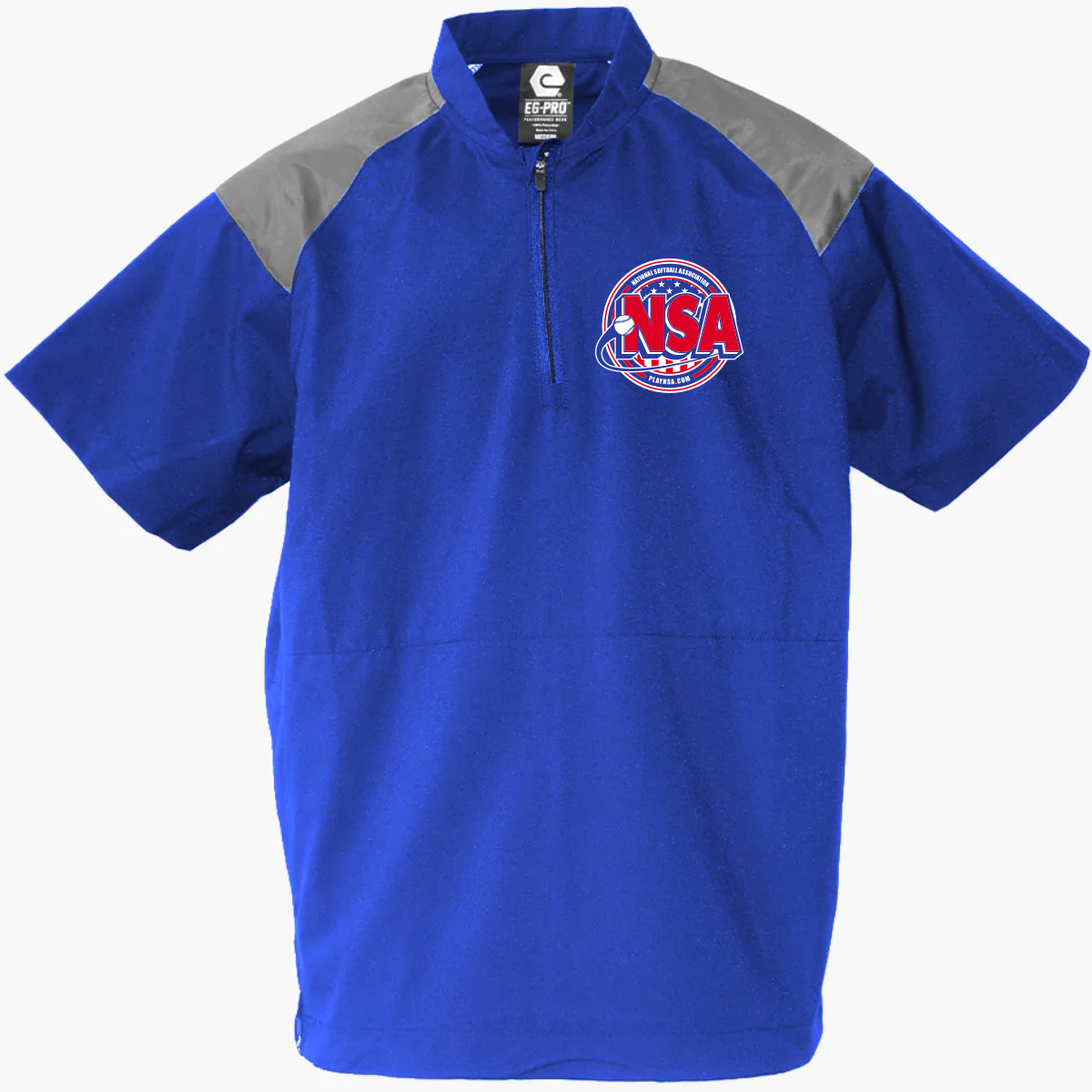 The DSG Apparel National Softball Association NSA Cage Jacket (R601) is a blue polyester microfiber short-sleeve pullover with gray shoulder panels, quarter-zip collar, red/white/blue NSA softball logo on the chest, and moisture management.