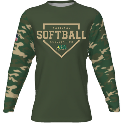 The DSG Apparel National Softball Association NSA CAMO Sublimated Long Sleeve Shirt features moisture-wicking fabric, camo sublimation, an American flag patch, and a bold NSA logo on the chest.