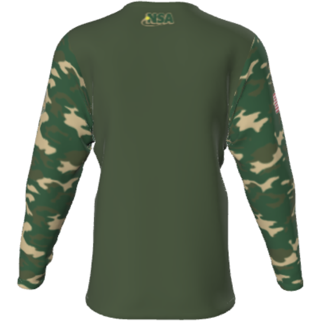 Back view of the DSG Apparel National Softball Association NSA CAMO Sublimated Long Sleeve Shirt: solid green body, green camo sleeves, "USA" in yellow and green on upper back. Designed for softball players with moisture-wicking fabric.
