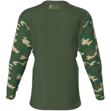 Back view of the DSG Apparel National Softball Association NSA CAMO Sublimated Long Sleeve Shirt: solid green body, green camo sleeves, "USA" in yellow and green on upper back. Designed for softball players with moisture-wicking fabric.