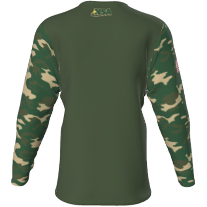 Back view of the DSG Apparel National Softball Association NSA CAMO Sublimated Long Sleeve Shirt: solid green body, green camo sleeves, "USA" in yellow and green on upper back. Designed for softball players with moisture-wicking fabric.