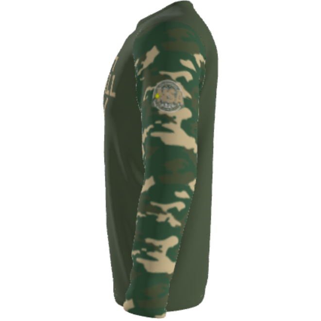 The DSG Apparel National Softball Association NSA CAMO Sublimated Long Sleeve Shirt features green and tan camo sleeves, a dark green torso, and a circular upper arm logo—perfect moisture-wicking style for athletes or fans.