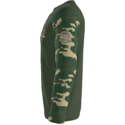 The DSG Apparel National Softball Association NSA CAMO Sublimated Long Sleeve Shirt features green and tan camo sleeves, a dark green torso, and a circular upper arm logo—perfect moisture-wicking style for athletes or fans.