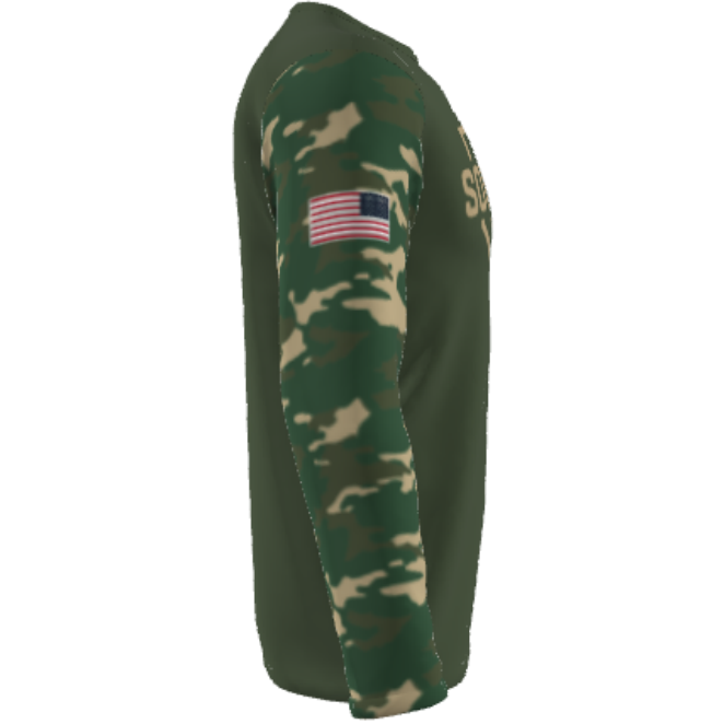 Side view of the DSG Apparel National Softball Association NSA CAMO Sublimated Long Sleeve Shirt featuring green and brown camo sleeves, a U.S. flag patch on the shoulder, and solid dark green moisture-wicking body fabric.