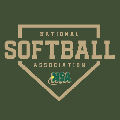 The DSG Apparel National Softball Association NSA CAMO Sublimated Long Sleeve Shirt features a dark green background with a softball diamond outline, bold SOFTBALL text, the NSA acronym, and a yellow softball inside the diamond.