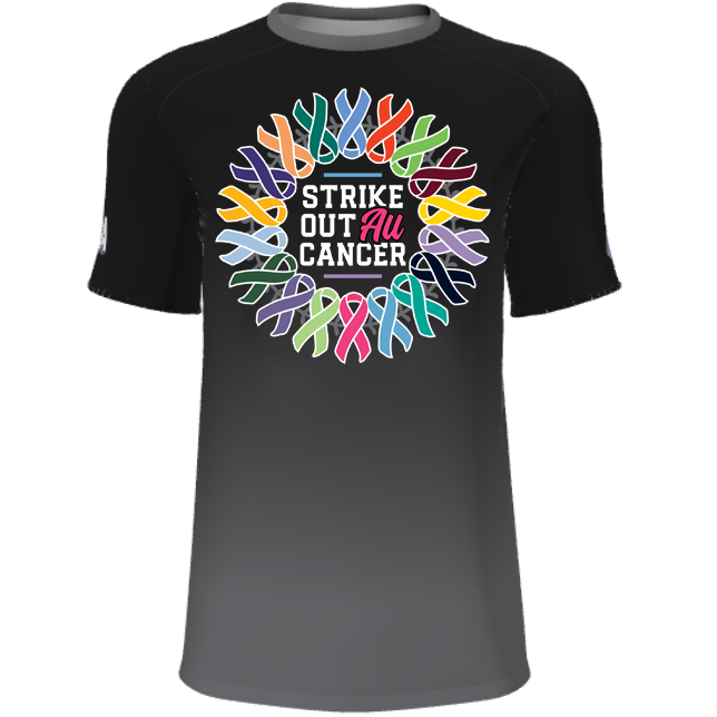 The DSG Apparel National Softball Association NSA Cancer Awareness Sublimated Short Sleeve Shirt features a vibrant ribbon circle, "Strike Out All Cancer" text, and moisture-wicking fabric for all-day comfort.