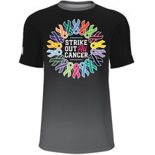 The DSG Apparel National Softball Association NSA Cancer Awareness Sublimated Short Sleeve Shirt features a vibrant ribbon circle, "Strike Out All Cancer" text, and moisture-wicking fabric for all-day comfort.