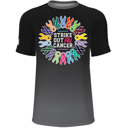 The DSG Apparel National Softball Association NSA Cancer Awareness Sublimated Short Sleeve Shirt features a vibrant ribbon circle, "Strike Out All Cancer" text, and moisture-wicking fabric for all-day comfort.