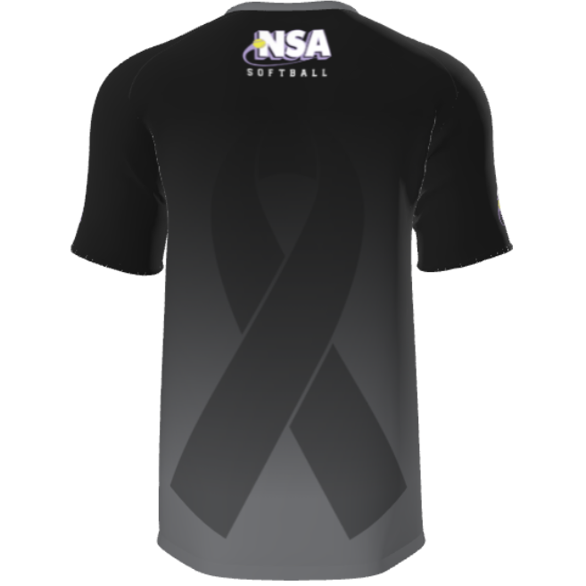 Back view of DSG Apparel’s NSA Cancer Awareness Sublimated Short Sleeve Shirt—features a large black ribbon and the NSA Softball logo on the upper back with yellow and purple accents. Full dye sublimation ensures vibrant, lasting color.