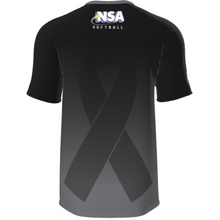 Back view of DSG Apparel’s NSA Cancer Awareness Sublimated Short Sleeve Shirt—features a large black ribbon and the NSA Softball logo on the upper back with yellow and purple accents. Full dye sublimation ensures vibrant, lasting color.