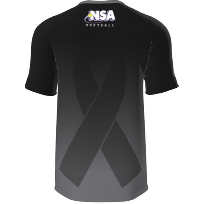 Back view of DSG Apparel’s NSA Cancer Awareness Sublimated Short Sleeve Shirt—features a large black ribbon and the NSA Softball logo on the upper back with yellow and purple accents. Full dye sublimation ensures vibrant, lasting color.