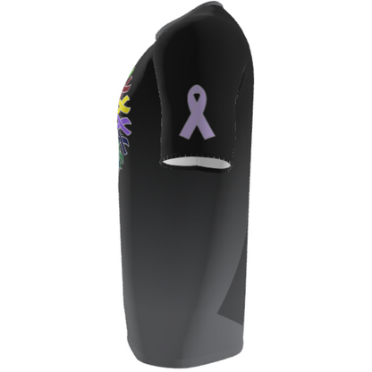 The DSG Apparel National Softball Association (NSA) Cancer Awareness Sublimated Short Sleeve Shirt features a side-viewed black design with a lavender ribbon on the sleeve, partial colorful handprints on the front, and moisture-wicking comfort all day.