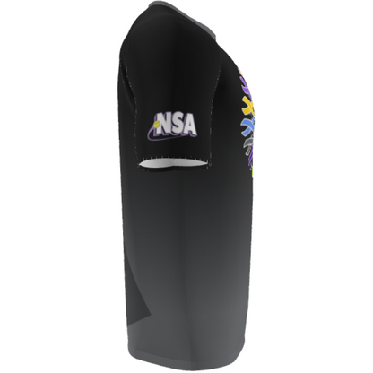 Side view of the DSG Apparel National Softball Association NSA Cancer Awareness Sublimated Short Sleeve Shirt, featuring "NSA" in bold white and purple on the sleeve, a vibrant front graphic, and moisture-wicking full dye sublimation fabric.