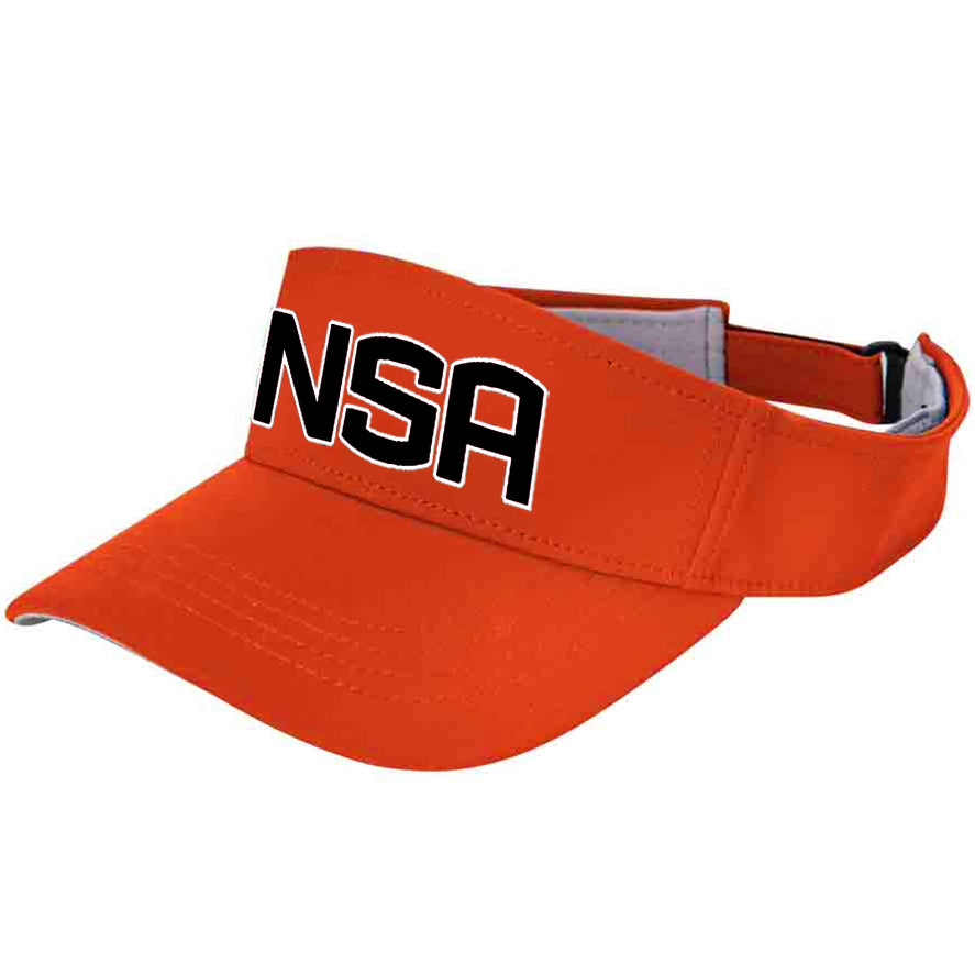 The Champro Sports NSA Classic Series Visor: HV6 is a bright orange, wide-brim visor with an adjustable strap, moisture-wicking fabric, and bold black NSA (National Softball Association) letters outlined in white on the front.