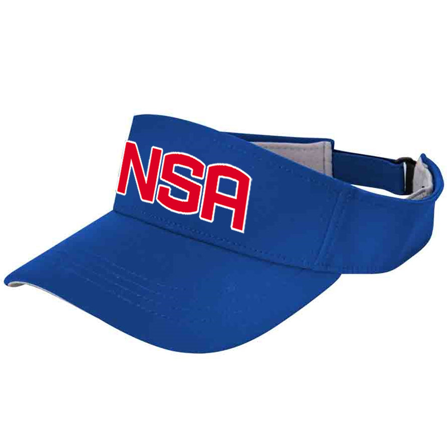 The Champro Sports NSA Classic Series Visor: HV6 in blue features moisture-wicking fabric and "NSA" in bold red and white on the front band—ideal for National Softball Association players.