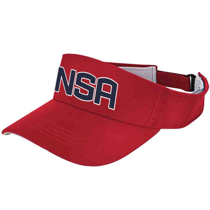 The Champro Sports NSA Classic Series Visor: HV6 is a red sports visor with bold, navy-outlined NSA on the front, made of moisture-wicking fabric and featuring an adjustable strap—perfect for National Softball Association fans.