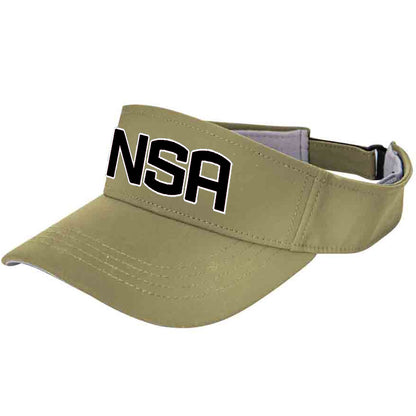 The Champro Sports NSA Classic Series Visor: HV6 is a khaki hat with bold black and white "NSA" lettering on the front, made from moisture-wicking fabric inspired by the National Softball Association.