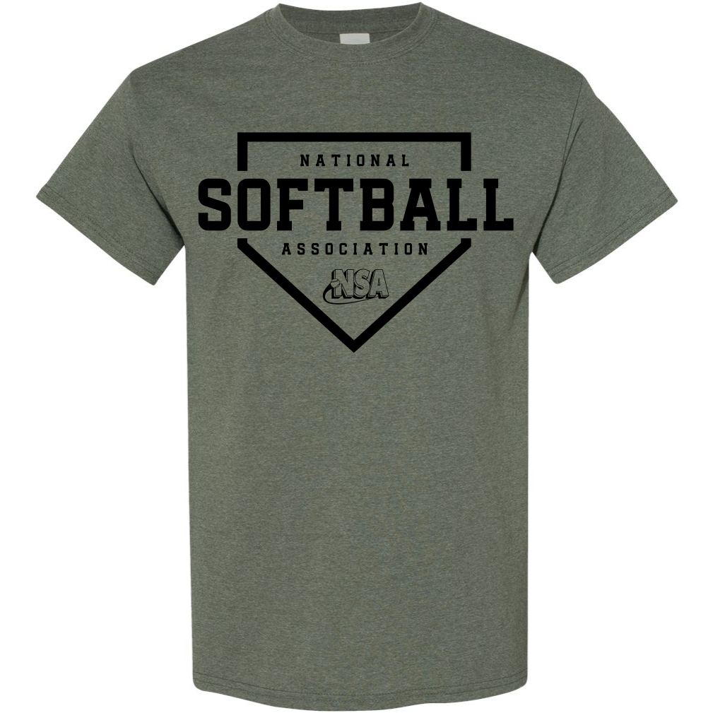 The DSG Apparel National Softball Association NSA Home Plate Short Sleeve Shirt features bold black text and a home plate graphic—ideal for softball fans.