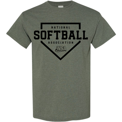 The DSG Apparel National Softball Association NSA Home Plate Short Sleeve Shirt features bold black text and a home plate graphic—ideal for softball fans.