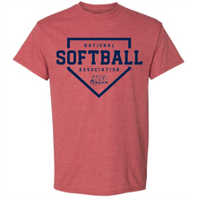 The DSG Apparel National Softball Association NSA Home Plate Short Sleeve Shirt is a red heather tee with a navy home plate graphic and National Softball Association text plus the NSA logo on the front.