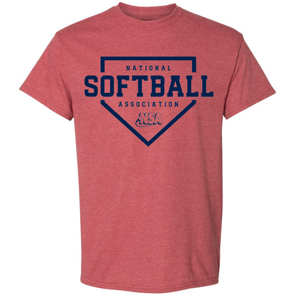 The DSG Apparel National Softball Association NSA Home Plate Short Sleeve Shirt is a red heather tee with a navy home plate graphic and National Softball Association text plus the NSA logo on the front.