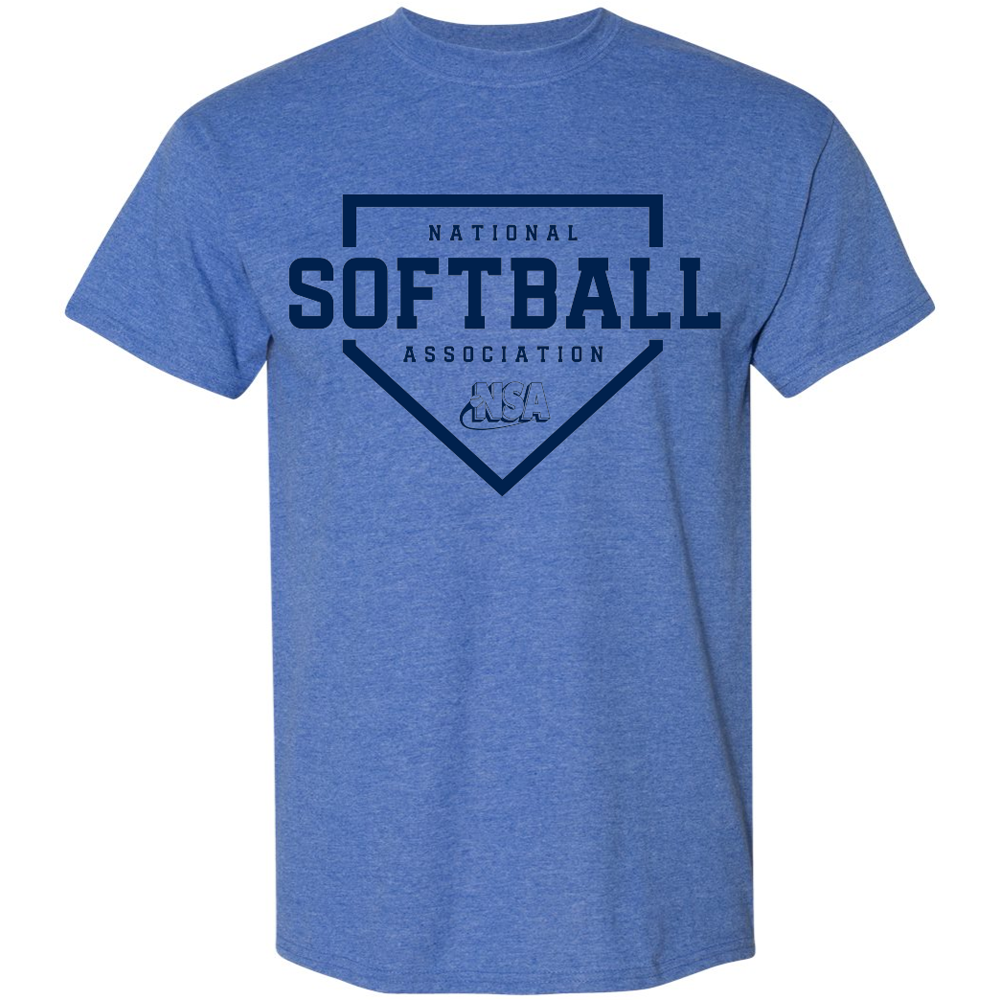 The DSG Apparel National Softball Association NSA Home Plate Short Sleeve Shirt features bold navy “NSA” letters inside a home plate graphic—perfect for softball fans.