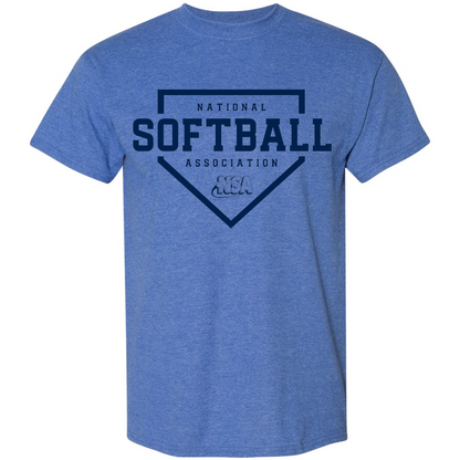 The DSG Apparel National Softball Association NSA Home Plate Short Sleeve Shirt features bold navy “NSA” letters inside a home plate graphic—perfect for softball fans.