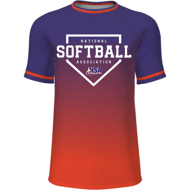 The DSG Apparel National Softball Association NSA Fade Sublimated Short Sleeve Shirt in orange/purple features moisture-wicking fabric, a purple-to-red fade, red and white striped sleeves and collar, plus NSA and small USA logos in white.