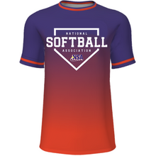 The DSG Apparel National Softball Association NSA Fade Sublimated Short Sleeve Shirt in orange/purple features moisture-wicking fabric, a purple-to-red fade, red and white striped sleeves and collar, plus NSA and small USA logos in white.
