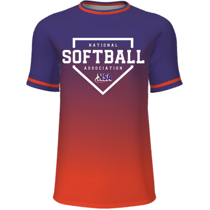 The DSG Apparel National Softball Association NSA Fade Sublimated Short Sleeve Shirt in orange/purple features moisture-wicking fabric, a purple-to-red fade, red and white striped sleeves and collar, plus NSA and small USA logos in white.