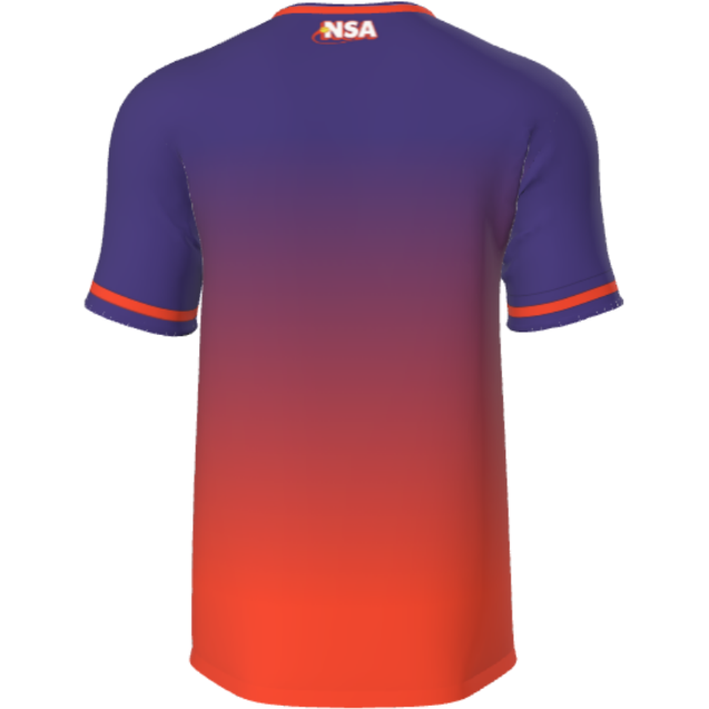 The DSG Apparel NSA Fade Sublimated Short Sleeve Shirt in Orange/Purple features moisture-wicking fabric on the back to keep you cool and comfortable during intense softball games.