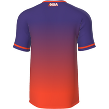 The DSG Apparel NSA Fade Sublimated Short Sleeve Shirt in Orange/Purple features moisture-wicking fabric on the back to keep you cool and comfortable during intense softball games.